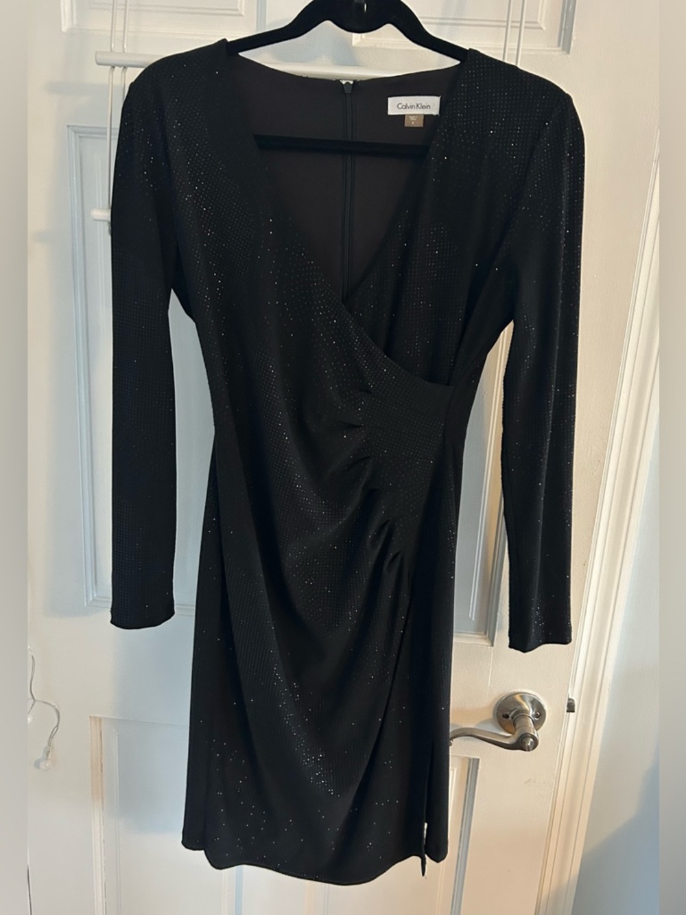 Calvin Klein Black Long-Sleeve Sparkle Wrap-Style Dress
